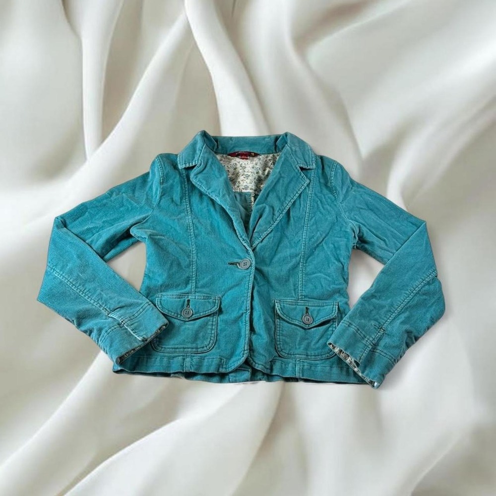 SO teal corduroy button front blazer jacket floral lining office siren workwear